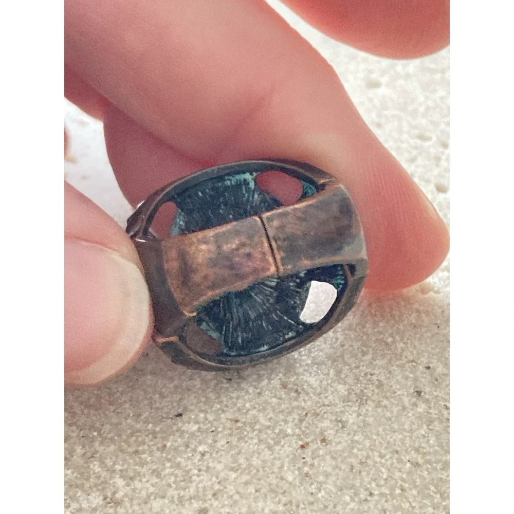 Patina Copper Tone Stretch Ring Size 8 Rustic Artisan Adjustable Faux Turquoise‎